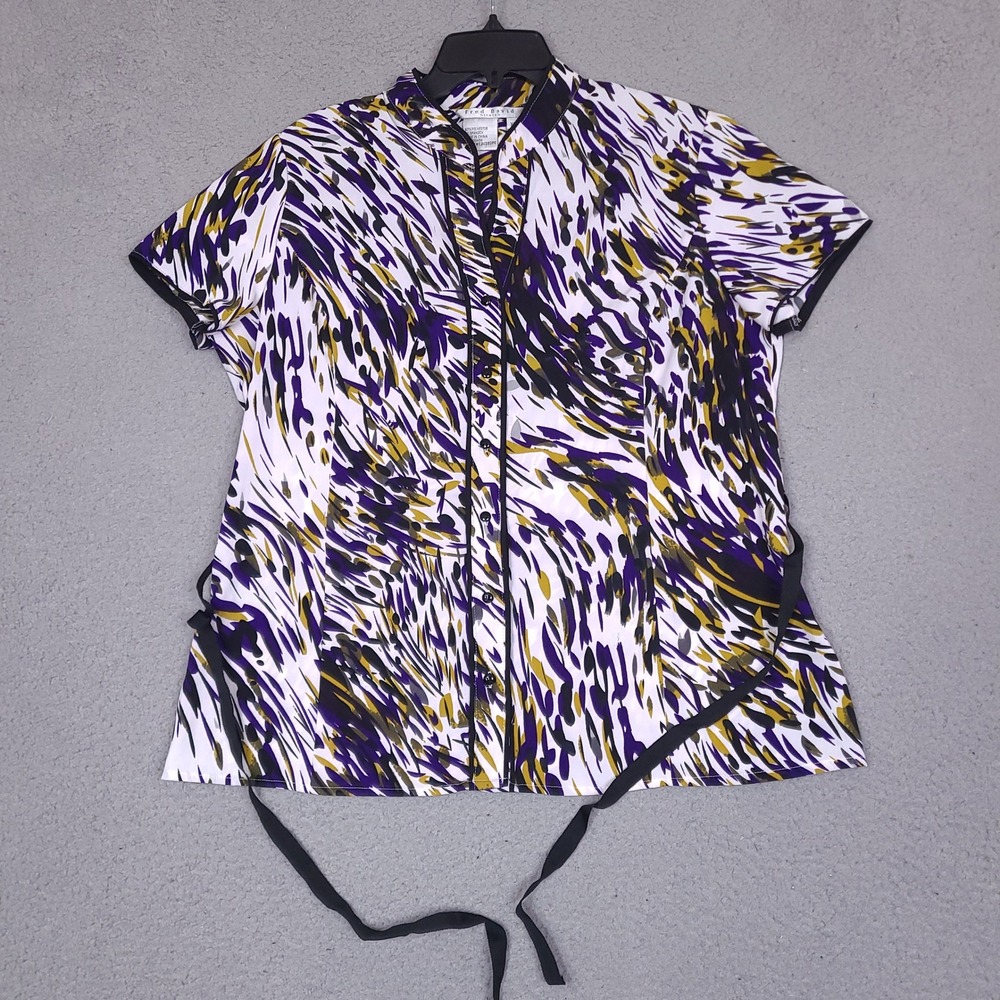 Fred David Blouse Top Womens XL White Purple Button Up Cap Sleeve Stretch Tie